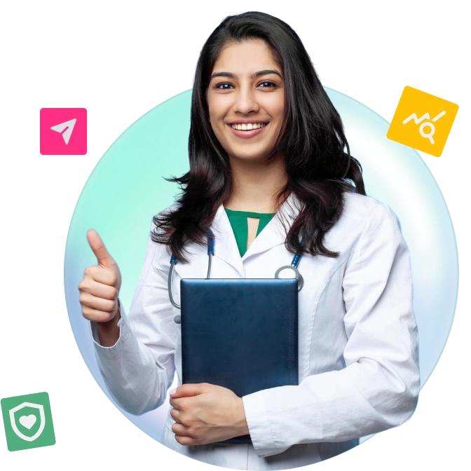 Smiling female medical student in lab coat holding books